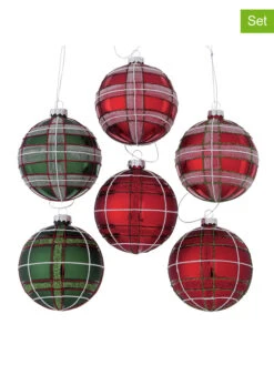 12-delige Set: Kerstballen "Tartan" Groen/rood - Ø 8 Cm