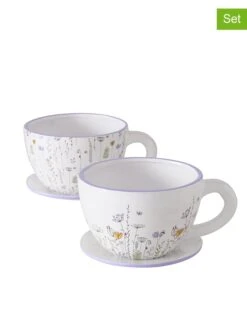 2-delige Set: Bloempotten "Kamilla" Wit/paars - (B)22 X (H)12 X (D)17 Cm