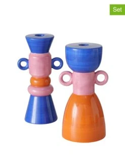 2-delige Set: Kaarshouders "Mix" Blauw/lichtroze/oranje - (H)21 Cm