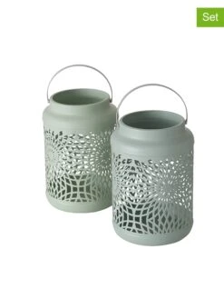 2-delige Set: Windlichten "Ozana" Mintgroen/grijs - (H)17 X Ø 14 Cm