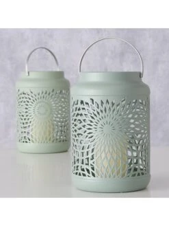 2-delige Set: Windlichten "Ozana" Mintgroen/grijs - (H)17 X Ø 14 Cm -Boltze boltze 2 delige set windlichten ozana mintgroen grijs h 17 x o 14 cm 3